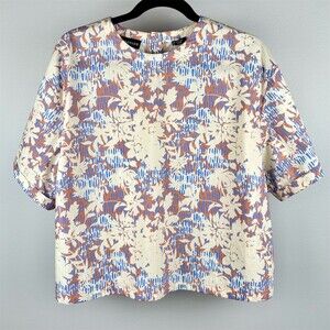 Wildfang Boxy Top Womens Blue Rust Floral Print Short Sleeve Blouse